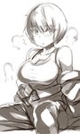  arm_support breasts cleavage commentary_request eyebrows_visible_through_hair eyelashes heavy_breathing huge_breasts lolicept looking_to_the_side monochrome original shinjin-chan_(lolicept) short_hair sitting solo sweat 