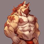  2017 5_fingers abs anthro biceps big_muscles biped black_nose brown_fur bulge canine cheek_tuft clothed clothing digital_media_(artwork) dog eyebrows front_view fur german_shepherd green_eyes grey_background half-length_portrait hi_res istani looking_at_viewer male mammal multicolored_fur muscular muscular_male pecs portrait red_bottomwear red_clothing red_underwear simple_background snout solo standing tan_fur thong topless tuft underwear white_fur 