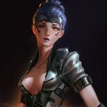  alternate_costume breasts cleavage dark_background goggles goggles_on_head hair_pulled_back highres looking_at_viewer md5_mismatch medium_breasts overwatch parted_lips plunging_neckline ponytail purple_hair raikoart resized solo talon_widowmaker upscaled widowmaker_(overwatch) yellow_eyes 
