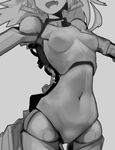 deel_(rkeg) doll_joints fang_out greyscale monochrome navel original ponytail solo torso 