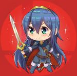  &gt;:) armor belt blue_cape blue_eyes blue_footwear blue_gloves blue_hair blush boots cape chibi closed_mouth elbow_gloves emblem falchion_(fire_emblem) fighting_stance fingerless_gloves fire_emblem fire_emblem:_kakusei fire_emblem_heroes full_body gloves hair_between_eyes holding holding_sword holding_weapon long_hair lucina magister_(medical_whiskey) red_background sheath short_sleeves shoulder_pads sleeve_cuffs smile solo sparkle standing super_smash_bros. sword symbol-shaped_pupils tareme thigh_boots thighhighs tiara tunic unsheathed v-shaped_eyebrows very_long_hair weapon 