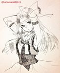  arms_behind_head black_gloves bow elbow_gloves gloves hair_bow hair_intakes hanachan_(artist) headband jintsuu_(kantai_collection) kantai_collection long_hair looking_at_viewer monochrome sepia sketch solo twitter_username upper_body white_background 