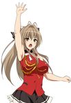  aiguillette amagi_brilliant_park antenna_hair arm_up armpits bad_revision bangs bare_arms bare_shoulders black_skirt blush breasts brown_eyes brown_hair commentary_request frilled_skirt frills hair_between_eyes hair_intakes hair_ribbon hera_(hara0742) highres large_breasts long_hair looking_at_viewer md5_mismatch miniskirt open_mouth red_shirt ribbon sento_isuzu shirt skirt sleeveless sleeveless_shirt solo 