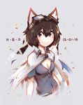  animal_ears blue_eyes blue_shirt blush breasts brown_hair capelet cat_ears cat_girl cleavage collar confetti dated deel_(rkeg) goggles goggles_on_head grey_background highres medium_breasts original shirt short_hair short_sleeves simple_background smile solo white_capelet 
