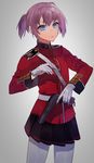  :o alternate_costume bangs belt black_skirt blue_eyes buttons commentary cosplay cowboy_shot epaulettes eyebrows_visible_through_hair fate/grand_order fate_(series) florence_nightingale_(fate/grand_order) florence_nightingale_(fate/grand_order)_(cosplay) gloves gradient gradient_background grey_background grey_legwear gun handgun hita_(hitapita) holding holding_gun holding_weapon kantai_collection long_sleeves looking_at_viewer military military_uniform miniskirt open_mouth pantyhose pink_hair pistol pleated_skirt ponytail sam_browne_belt scalpel shiranui_(kantai_collection) short_hair skirt solo standing trigger_discipline uniform v-shaped_eyebrows weapon white_gloves 