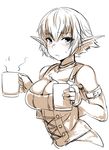  bare_shoulders breasts cleavage collarbone commentary_request cup detached_sleeves eyebrows_visible_through_hair eyelashes frown large_breasts lolicept looking_at_viewer mug original pointy_ears short_hair sketch sweatdrop 