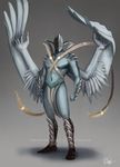 2013 anthro feathered_wings feathers helm_(armor) male navel simple_background solo sythgara wings 