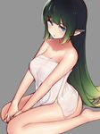  bare_legs barefoot blue_eyes breasts cleavage ear_covers eyebrows_visible_through_hair from_above green_hair grey_background highres large_breasts long_hair looking_at_viewer looking_up naked_towel nezuko original pointy_ears simple_background sitting solo towel very_long_hair wariza wet_towel white_towel 