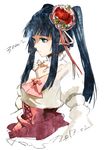  black_hair blue_eyes blue_hair bow dated dress flower furudo_erika hair_flower hair_ornament highres long_hair pink_bow rose sidelocks sofy solo twintails umineko_no_naku_koro_ni 