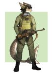  2018 5_fingers anthro armor black_hair boots clothed clothing digital_media_(artwork) dirt discardingsabot earmuffs equipment eyewear fin fish footwear furgonomics gear glasses goggles gun hair hi_res holding_object holding_weapon jacket m-14 male marine pgm300 pouches ranged_weapon rifle sabot_sauer scalie scope shark simple_background smile solo standing stripes tiger_shark weapon 