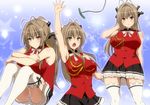  aiguillette amagi_brilliant_park antenna_hair arm_up armpit_peek armpits bad_revision bangs bare_arms bare_shoulders black_skirt blush breasts brown_eyes brown_hair closed_mouth commentary_request cowboy_shot frilled_skirt frills full_body hair_between_eyes hair_intakes hair_ribbon hair_tucking hera_(hara0742) highres knees_up large_breasts long_hair looking_at_viewer md5_mismatch miniskirt multiple_views open_mouth panties pantyshot pantyshot_(sitting) parted_lips ponytail red_shirt ribbon sento_isuzu shirt sitting skirt sleeveless sleeveless_shirt striped striped_panties thighhighs underwear white_legwear 