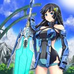  bangs black_hair blue_eyes blue_sky breasts cleavage cloud day fingerless_gloves gloves hair_ornament iwako long_hair medium_breasts mountain outdoors phantasy_star phantasy_star_online_2 shiny shiny_skin sky smile solo sun tiger_pierce tree weapon 