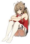  aiguillette amagi_brilliant_park antenna_hair armpit_peek bad_revision bangs bare_arms bare_shoulders black_skirt blush breasts brown_eyes brown_hair closed_mouth commentary_request frilled_skirt frills full_body hair_between_eyes hair_intakes hair_ribbon hera_(hara0742) highres knees_up large_breasts long_hair looking_at_viewer md5_mismatch miniskirt no_shoes panties pantyshot pantyshot_(sitting) ponytail red_shirt ribbon sento_isuzu shirt sitting skirt sleeveless sleeveless_shirt solo striped striped_panties thighhighs underwear white_legwear 