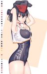 armpits arms_behind_head asymmetrical_hair black_hair blue_swimsuit blush breasts brown_eyes character_name chiyo_goya cowboy_shot framed_breasts from_side gloves hair_between_eyes headphones highres i-13_(kantai_collection) kantai_collection looking_at_viewer medium_breasts one-piece_swimsuit partly_fingerless_gloves sailor_collar school_swimsuit short_hair single_glove solo swimsuit thighs tsurime 