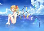  absurdres barefoot blonde_hair blue_sky blush bow breasts cloud commentary_request convenient_arm day eyebrows_visible_through_hair eyelashes flan_(seeyouflan) flandre_scarlet full_body hair_bow highres knees_touching knees_up light_particles looking_at_viewer navel no_hat no_headwear nude ocean parted_lips red_bow red_eyes reflection short_hair side_ponytail sitting sky slit_pupils small_breasts solo touhou wings 
