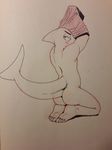  anthro fish kneeling looking_at_viewer male marine monochrome nude serex shark solo traditional_media_(artwork) 