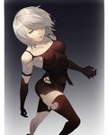  android arm_at_side armlet bangs bare_shoulders black_gloves black_legwear black_shorts blue_eyes breasts breasts_apart catbox closed_mouth collarbone cowboy_shot elbow_gloves gloves hair_over_one_eye hand_up lips makeup medium_breasts mole mole_under_mouth nier_(series) nier_automata pink_lips robot_joints short_hair short_shorts shorts silver_hair sleeveless solo standing tank_top yorha_type_a_no._2 