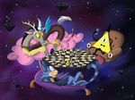  2017 amber_eyes antlers black_hair cat chess cloud discord_(mlp) draconequus eye_of_providence fangs feline feral friendship_is_magic group hair horn male mammal my_little_pony pillow sirzi space 