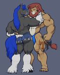  anthro avias_(artist) bulge butt clothing duo equine feline horse lion looking_at_viewer male mammal muscular smile standing tight_clothing underwear 