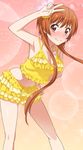  arm_up armpits blush breasts brown_eyes brown_hair cleavage collarbone crop_top flower frilled_shorts frills hair_flower hair_ornament hand_on_hip leaning_forward long_legs looking_at_viewer medium_breasts midriff navel nisekoi shirt short_hair_with_long_locks short_shorts shorts sidelocks smile solo standing stomach tachibana_marika v yellow_flower yellow_shirt yellow_shorts 
