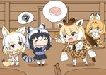  &gt;_&lt; 4girls animal_ears belt bite_mark black_eyes black_hair black_skirt blonde_hair blush brown_eyes cardigan chair chibi closed_eyes commentary_request common_raccoon_(kemono_friends) covering_mouth eyebrows_visible_through_hair fang fennec_(kemono_friends) food food_on_face fox_ears fox_tail full_body giraffe_ears giraffe_horns giraffe_print giraffe_tail grey_hair japari_bun kemono_friends multicolored_hair multiple_girls pantyhose pleated_skirt pointing raccoon_ears raccoon_tail rairarai reticulated_giraffe_(kemono_friends) scarf serval_(kemono_friends) serval_ears serval_print serval_tail shadow shirt short_sleeves skirt spoken_food spoken_squiggle squiggle standing striped_tail table tail two-tone_hair white_hair white_shirt white_skirt wooden_wall 