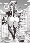  1girl all_might ass back billboard blush bodysuit boku_no_hero_academia breasts building camera_flash city cloud curvy domino_mask english from_behind full_body giantess greyscale highres horns huge_ass large_breasts long_hair monochrome mount_lady outside skintight sky solo speech_bubble taking_picture text 