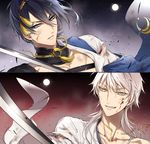  bad_id bad_pixiv_id blood blood_on_face blue_eyes blue_hair full_moon grin injury jaenbba japanese_clothes katana male_focus mikazuki_munechika moon multiple_boys smile split_screen sword torn_clothes touken_ranbu tsurumaru_kuninaga upper_body weapon white_hair yellow_eyes 