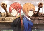  bellwall_military_uniform brown_eyes brown_hair fur_trim girls_und_panzer girls_und_panzer_little_army ground_vehicle hair_ornament highres long_hair military military_uniform military_vehicle motor_vehicle multiple_girls nakasuga_emi nishizumi_miho official_art ooarai_military_uniform panzerkampfwagen_iv red_hair short_hair snowing tank tiger_i tsuchii_(ramakifrau) twintails uniform 