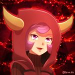  :d akika_821 bangs eyelashes fake_horns hood hood_up hooded_vest horns kagari_(pokemon) looking_away looking_up molten_rock open_mouth outline pokemon pokemon_(game) pokemon_oras purple_eyes purple_hair red_sweater red_vest short_hair smile solo sweater team_magma tongue tsurime turtleneck turtleneck_sweater twitter_username upper_body vest 