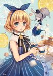  :d animal aqua_background aqua_eyes artist_name bangs bare_shoulders black_hat black_ribbon blonde_hair blue_dress blue_hairband blunt_bangs breasts brooch bunny buttons club_(shape) collar commentary_request cup diamond_(shape) doily dress food frilled_dress frills fruit gochuumon_wa_usagi_desu_ka? hairband hat heart highres holding holding_cup jewelry kirima_sharo lemon lemon_slice looking_at_viewer mitsuki_ponzu neck_ribbon open_mouth pocket_watch pouring ribbon roman_numerals saucer scar short_hair sleeveless sleeveless_dress small_breasts smile spade_(shape) striped striped_ribbon sugar_cube tea teacup teapot top_hat vertical-striped_dress vertical_stripes watch wavy_hair white_collar wild_geese 