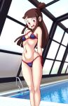  1girl asortofcolorfag bangs bare_arms bare_legs beach bikini blush breasts brown_hair cameltoe embarrassed formerly high_ponytail indoor_pool indoors kagari_atsuko little_witch_academia long_hair looking_at_viewer navel ocean open_mouth pool purple_bikini red_eyes revision side-tie_bikini small_breasts solo standing swimsuit thigh_gap 