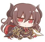  :&lt; angeltype armor bangs belt black_footwear boots breasts brooch brown_belt brown_dress brown_hair brown_skirt chibi closed_mouth collar draph dress dual_wielding eyebrows_visible_through_hair forte_(shingeki_no_bahamut) full_body granblue_fantasy hair_between_eyes holding holding_spear holding_weapon horns jewelry jitome lance legs_apart long_hair looking_at_viewer medium_breasts neck_ribbon pleated_dress polearm red_eyes red_ribbon ribbon shingeki_no_bahamut shiny shiny_hair shoulder_armor simple_background skirt solo spaulders spear standing v-shaped_eyebrows weapon white_background 