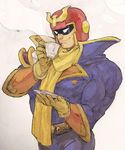  captain_falcon cup f-zero gloves helmet male_focus muscle outsuki scarf smile solo tea 