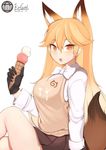  :o animal_ears arm_at_side artist_name black_gloves black_skirt blonde_hair blush bow crossed_legs dated eyebrows_visible_through_hair ezo_red_fox_(kemono_friends) fang food food_on_clothes food_on_face fox_ears fox_tail from_side gloves hair_between_eyes holding holding_food ice_cream_cone japari_symbol k_jin kemono_friends long_hair long_sleeves looking_at_viewer number open_mouth orange_eyes pleated_skirt school_uniform shirt simple_background sitting skirt solo sweater_vest tail very_long_hair white_background white_bow white_shirt 