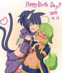  2girls ahoge animal_ears borrowed_character dark_skin dated eyes_closed female happy_birthday midriff multiple_girls multiple_tails navel open_mouth original shorts tail titi-chan_(nezumi_inu) togakushi_subaru wavy_mouth 