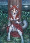  anthro bluari breasts canine clothing detailed_background fantasy female fullmoon hair lake mammal medieval night nipples outside pussy red_hair spread_legs spreading traditional_media_(artwork) 