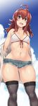  :d absurdres ahoge arashi_(kantai_collection) ass_visible_through_thighs bikini_top black_legwear blue_sky blush breasts brown_eyes cleavage cloud collarbone cutoffs day denim denim_shorts eyebrows_visible_through_hair from_below front-tie_bikini front-tie_top hair_between_eyes halter_top halterneck highres kantai_collection kuronyan midriff navel off_shoulder open_mouth outdoors red_hair round_teeth short_shorts shorts sideboob sidelocks skindentation sky small_breasts smile solo stomach teeth thick_thighs thighhighs thighs white_bikini_top wide_hips 
