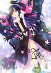  accel_world antenna_hair bare_shoulders black_hair blush bug butterfly butterfly_wings commentary_request copyright_name dress elbow_gloves full_body gloves insect kuroyukihime long_hair navel open_mouth red_eyes solo trianon wings 