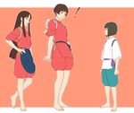  1boy 2girls ? barefoot brown_hair crossover gake_no_ue_no_ponyo hakama haku_(sen_to_chihiro_no_kamikakushi) japanese_clothes jas lisa_(ponyo) long_hair multiple_girls rin_(sen_to_chihiro_no_kamikakushi) sen_to_chihiro_no_kamikakushi short_hair simple_background tasuki 