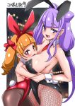  2girls aisaki_emiru animal_ears asortofcolorfag ass bangs black_legwear border breasts bunny_ears bunnysuit city collar eyebrows_visible_through_hair fake_animal_ears fishnets hair_ribbon hugtto!_precure large_breasts long_hair matching_hair/eyes miyagoe_yoshitsuki multiple_girls open_mouth orange_hair pantyhose precure purple_eyes purple_hair red_eyes ribbon ruru_amour small_breasts smile tied_hair tongue twintails white_border wrist_cuffs 