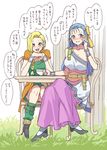  bianca blonde_hair blue_eyes blue_hair blush bow braid breasts crossed_legs dragon_quest dragon_quest_v dress earrings flora full_body hair_bow hair_over_shoulder half_updo jewelry large_breasts long_hair mizuryuu_kei multiple_girls pantyhose pink_bow smile translation_request 