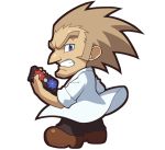  1boy albert_w_wily black_pants blue_eyes brown_footwear brown_hair chibi clenched_teeth kin_niku labcoat long_hair male_focus official_style pants parody rockman rockman_(classic) rockman_11 rockman_rockman simple_background solo style_parody teeth white_background younger 