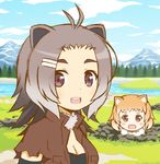  american_beaver_(kemono_friends) animal_ears antenna_hair beaver_ears bikini_top black-tailed_prairie_dog_(kemono_friends) blush_stickers breasts brown_eyes cleavage cloud day face fur_collar grass grey_hair hair_ornament hairclip kemono_friends light_brown_hair looking_at_viewer medium_breasts mountain multiple_girls nature on_ground open_mouth outdoors pine_tree prairie_dog_ears river shiumai short_hair sky smile torn_clothes torn_sleeves tree upper_body 