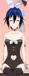  animal_ears arm_support black_legwear black_leotard blue_bow blue_hair bow breasts bunny_ears choker cleavage closed_eyes collarbone groin hair_bow heart_cutout leotard medium_breasts mole mole_under_eye navel nisekoi short_hair sitting smile solo strapless strapless_leotard thighhighs tsugumi_seishirou wrist_cuffs 