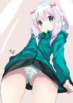  blue_eyes blush eromanga_sensei highres izumi_sagiri jacket long_hair looking_at_viewer noto_kurumi panties skirt solo striped striped_panties underwear white_hair 