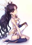  armlet bad_revision bare_shoulders barefoot black_hair black_legwear breasts crown downscaled_revision earrings fate/grand_order fate_(series) hair_ribbon highres hoop_earrings ishtar_(fate/grand_order) jewelry jpeg_artifacts long_hair long_legs looking_at_viewer md5_mismatch medium_breasts red_eyes revision ribbon ryuinu shiny shiny_hair single_thighhigh sitting solo thighhighs toeless_legwear two_side_up 