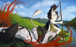  2014 5_fingers black_fur creek day detailed_background digitigrade duo fur grass holding_object lying male outside sergal standing sythgara white_fur 