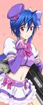  blue_hair bow cowboy_shot crop_top elbow_gloves fingerless_gloves gloves hair_between_eyes hair_bow hat looking_at_viewer magical_girl midriff mole mole_under_eye navel nisekoi purple_bow purple_gloves purple_hat red_bow red_eyes short_hair short_sleeves skirt solo standing stomach tsugumi_seishirou 