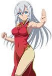  bare_hips blue_eyes breasts china_dress chinese_clothes clenched_hand covered_navel dress floating_hair hair_ornament la_folia_rihavein long_hair looking_at_viewer medium_breasts red_dress sideboob silver_hair sleeveless sleeveless_dress smile solo standing strike_the_blood transparent_background 