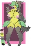  2017 anthro big_breasts breasts brown_hair demonnyuu digital_media_(artwork) female flora_fauna hair long_hair nintendo nipples nude open_mouth plant pok&eacute;mon pok&eacute;mon_(species) pussy simple_background solo standing v_sign video_games weepinbell 